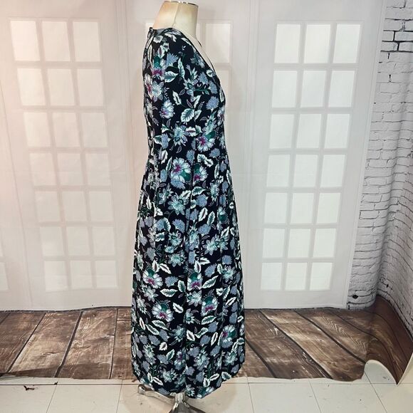 Loft Long Puff Sleeve Front Slit Floral V-Neck Midi Dress Size 8 - Picture 5 of 10